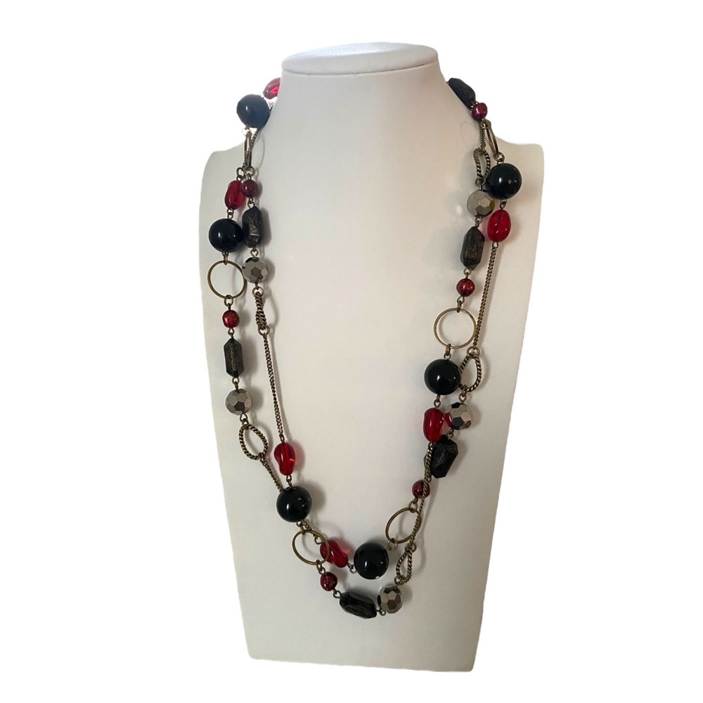 Lia Sophia bronze multi stone beads station necklace red black silver 24”